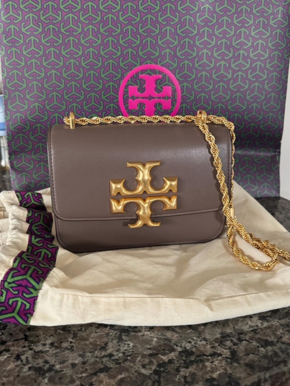 Tory Burch Taupe Leather Shoulder Bag with Gold Logo Chain